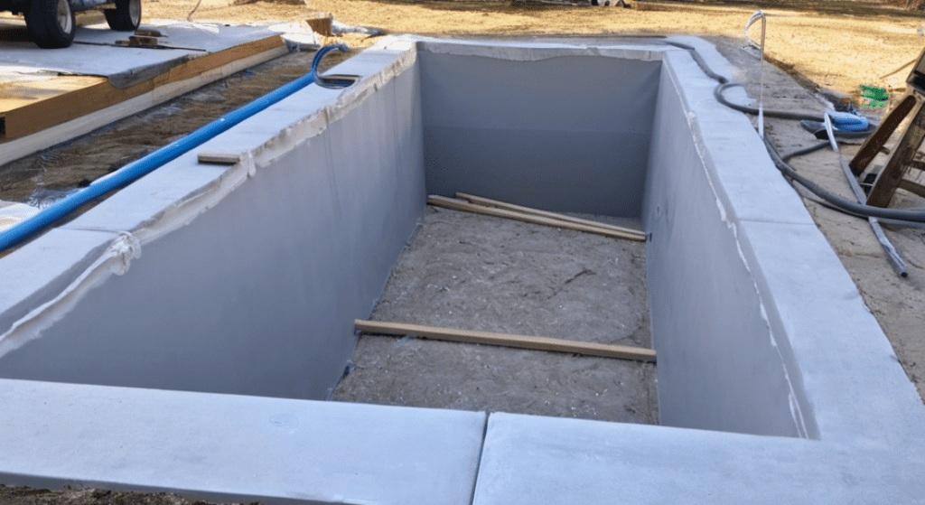 An empty rectangular in-ground swimming pool under construction with pipes, hoses, and wooden planks around it. Fiber Glass Pool Shell 