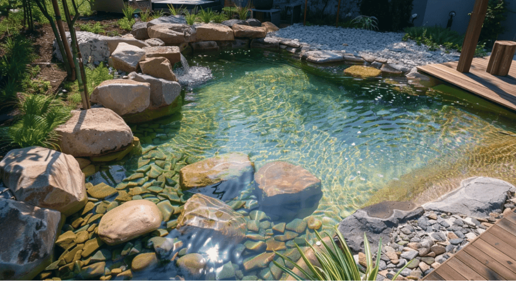 A backyard pond with clear water, surrounded by large stones and greenery, featuring a wooden deck on one side.