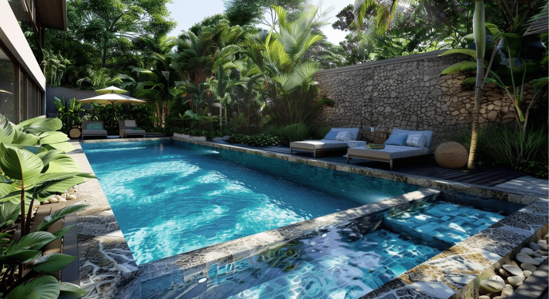 A modern outdoor pool area with lounge chairs, an umbrella, and lush greenery surrounding it.