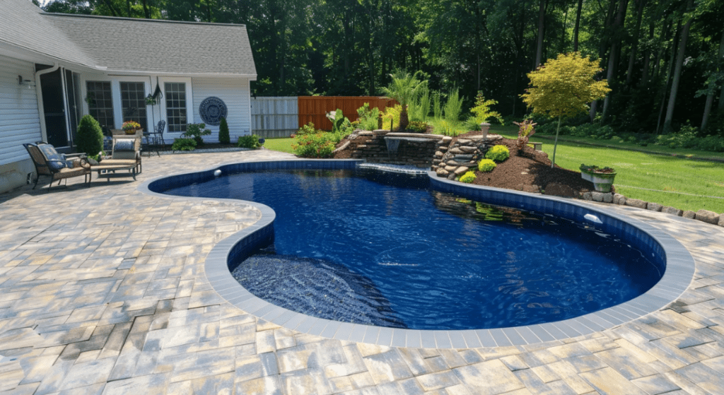 A backyard with a kidney-shaped pool, stone tile patio, small waterfall feature, and surrounding plants and trees. A house with white siding and sliding doors is on the left.