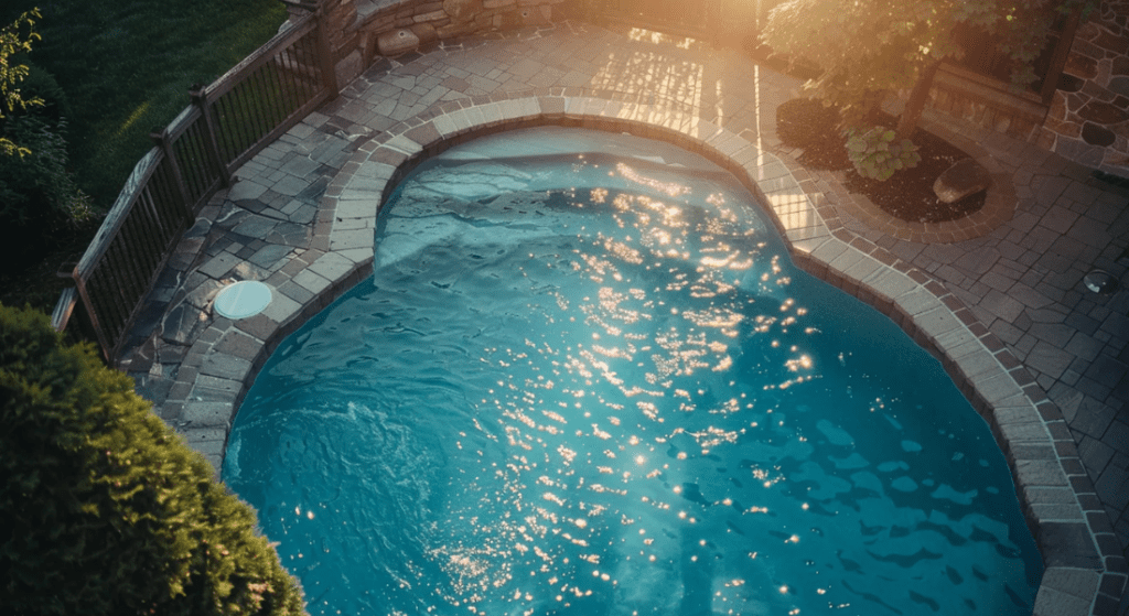 A sunlit backyard pool with clear blue water. The pool is surrounded by stone paving and lush greenery, creating a serene atmosphere. Sunlight reflects off the water, creating a shimmering effect.