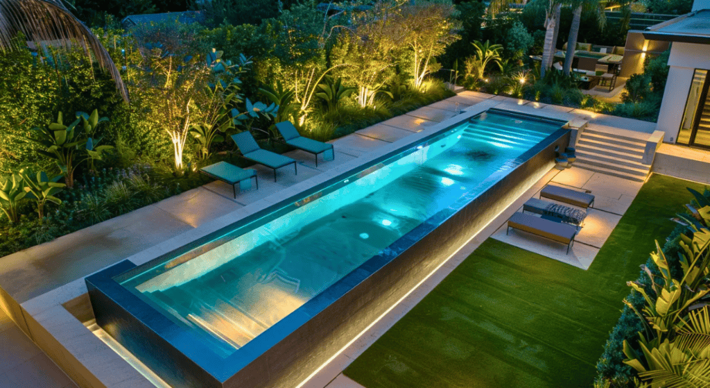 Outdoor lap pool with surrounding lounge chairs, illuminated by landscape lighting at night, features a modern design with clean lines and adjacent green lawn area.