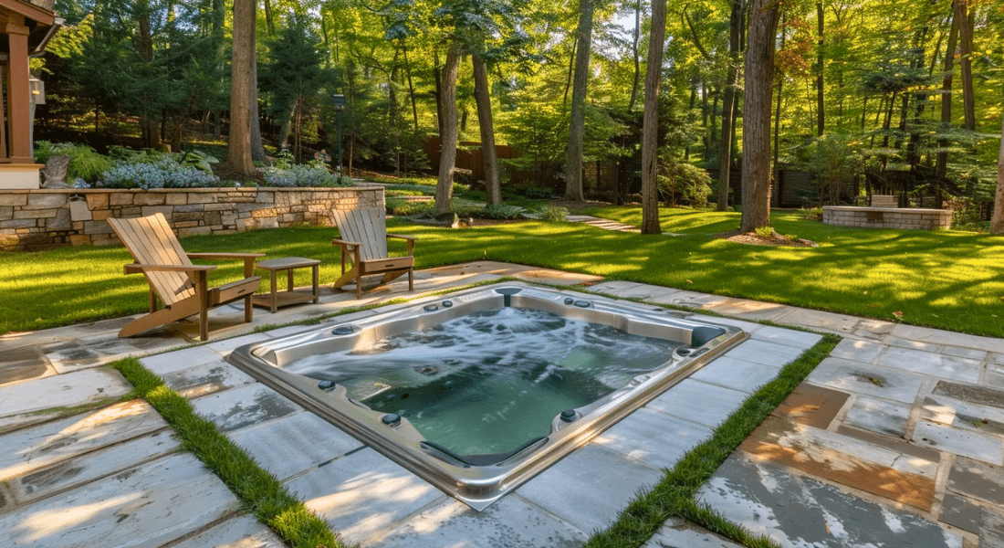 A backyard with a square hot tub surrounded by patio stones, two wooden chairs, and a lush green lawn with trees in the background. Inground Spa.