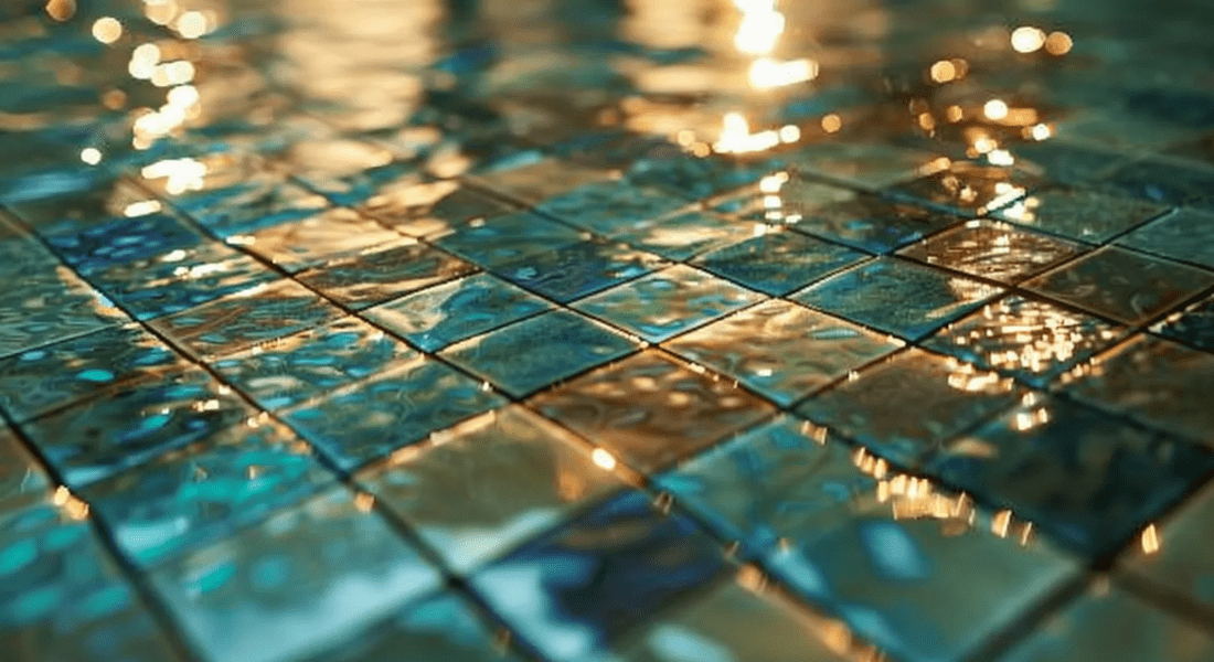 Close-up of a mosaic tile surface with a reflective, water-like texture illuminated by warm lighting, creating a shimmering effect. pool trend 2024