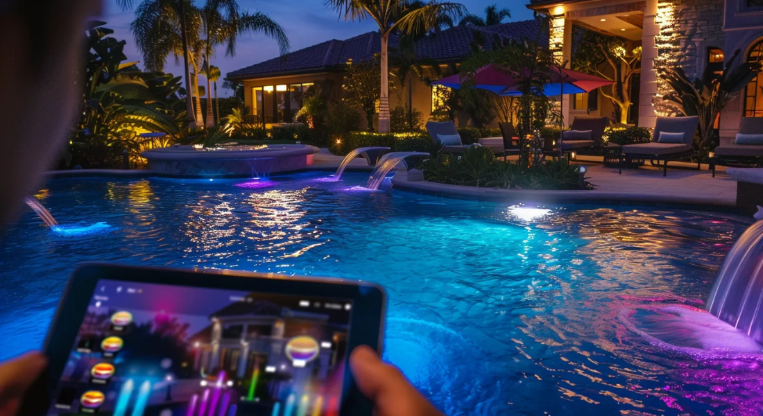 A lit swimming pool at night with colorful lights and water features. A person holds a tablet controlling the lights. Palm trees and a house with outdoor seating are in the background. pool trend 2024