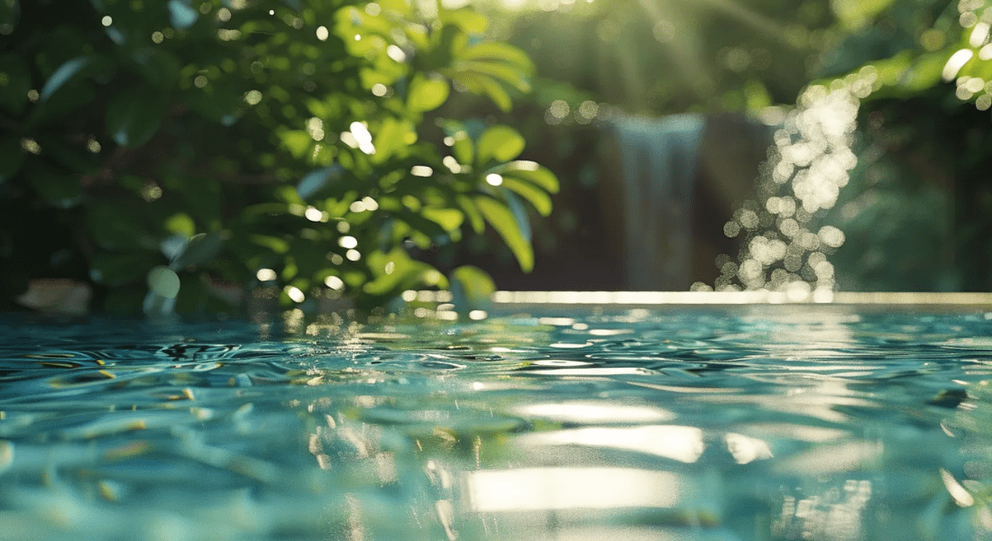 Rippling water in a serene pool with lush green foliage and a blurred waterfall in the background, illuminated by sunlight. pool trend 2024