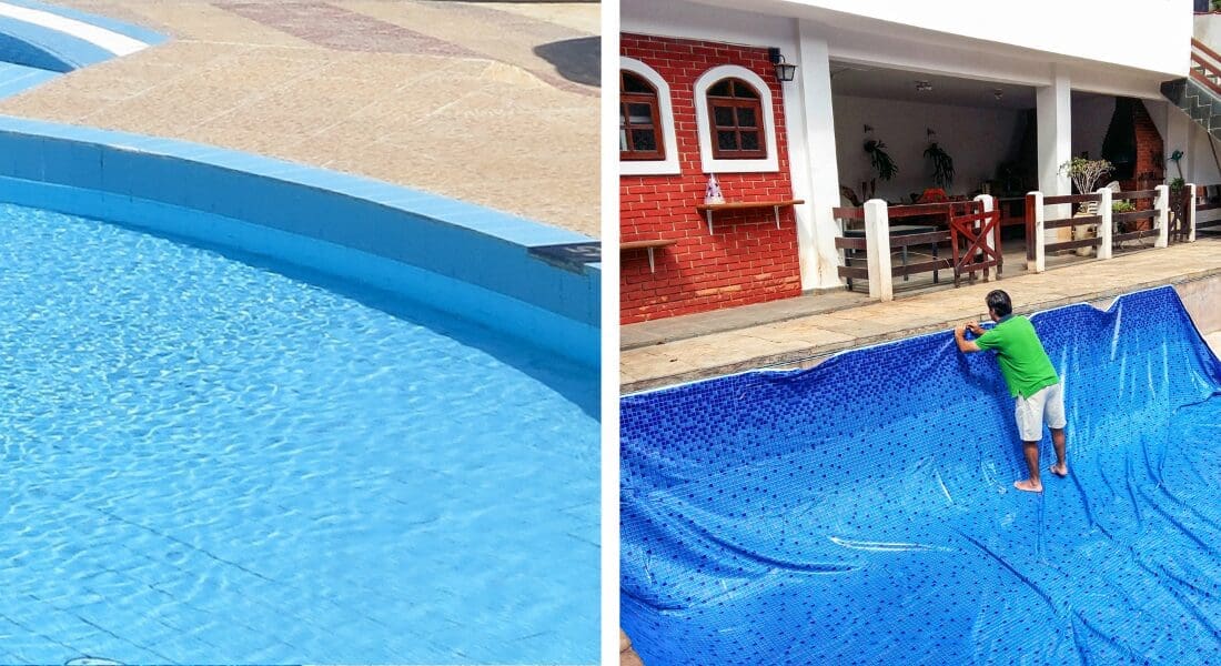 Empty pool on the left and a man in a green shirt fixing blue pool lining on the right, near a brick wall and white fence.