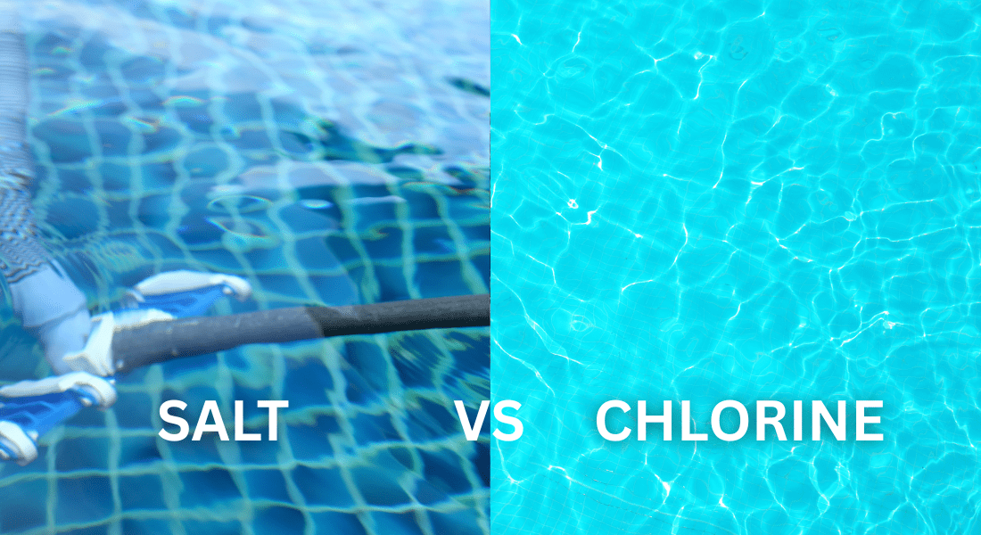 Split image comparing a saltwater pool on the left with a pool maintained with chlorine on the right, labeled "Salt vs Chlorine.